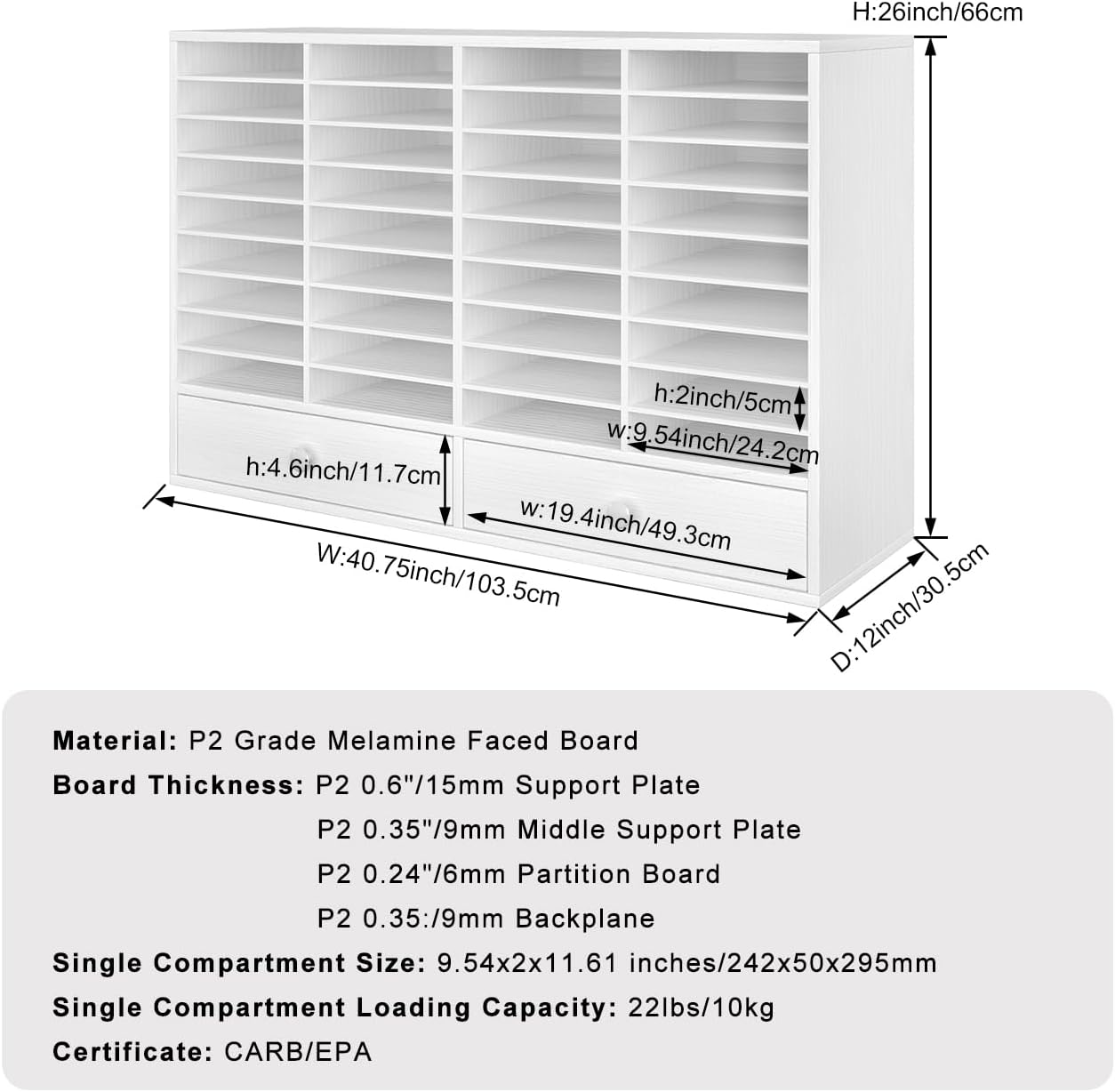 Mail Sorter Wood Literature Organizer, Student Mailbox for Classroom, Desktop Bill Paper Holder for Office Home School, 38 Compartments, White