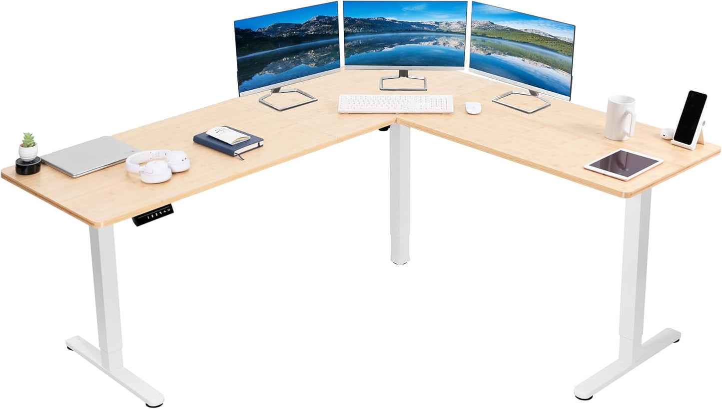 VIVO Electric Corner L-Shaped 75 x 63 in Real Bamboo Standing Desk, Memory Height Adjustment, White Frame, DESK-E3CTWO-75