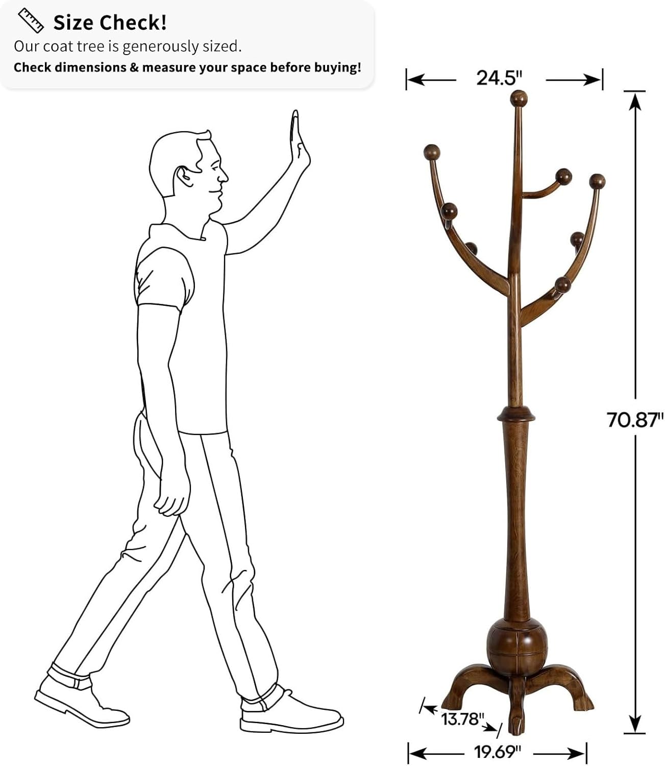 Coat Rack Freestanding Wood Coat Tree Rack with 8 Hooks, Creative Design Tree Branch-look, Standing Coat Rack Clothes Hanger Stand with Stury Base for Entryway, Hallway, Bedroom - Load 160lb (Walnut)