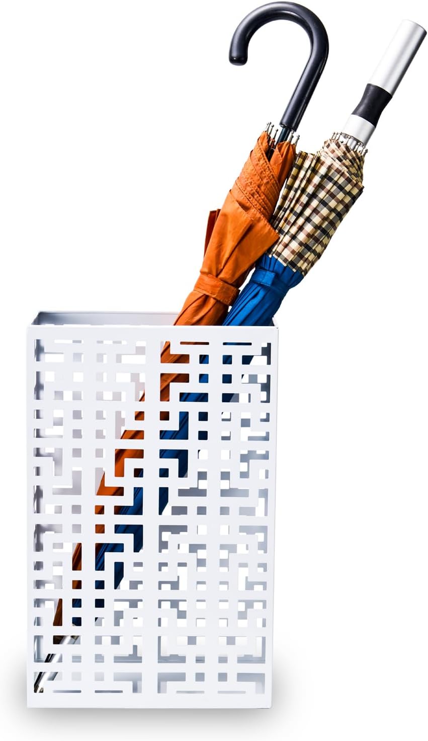 Umbrella Holder Stand for Entryway, Square Metal Umbrella Rack, Freestanding Rectangular Hollow Rack for Home Office, 16 x 10 x 5 Inch, White