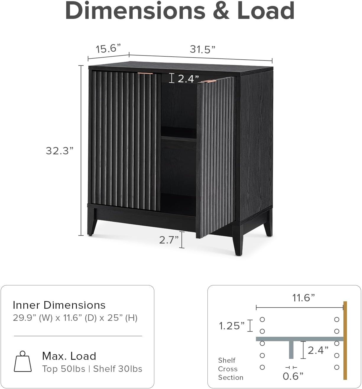 mopio Brooklyn Storage Cabinet, Modern Farmhouse Entryway Accent Case, Buffet Sideboard, Console Table, Credenza, Wood Modular Organizer with Doors & Shelf, Fluted Panel Cupboard (Black, Set of 2)