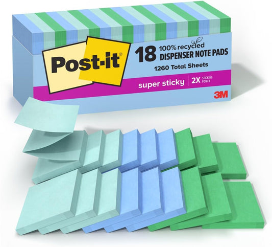 Post-it Super Sticky 100% Recycled Pop-up Notes, Oasis Collection, 3 in. x 3 in., 70 Sheets, 18 Pads, School Supplies and Office Products