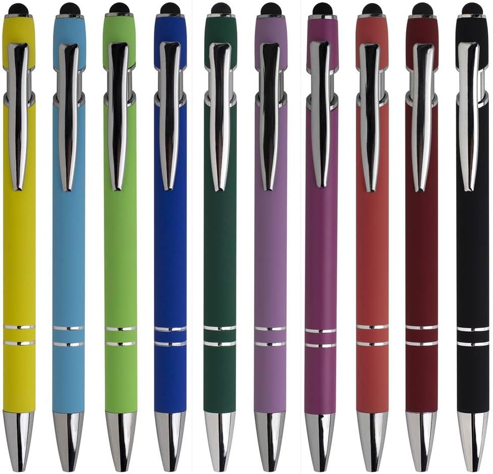 10-Pack Ballpoint Pens with Stylus Tip, Black Ink, 1.0mm Medium Point, Matte Metal Barrel, Assorted Colors – Soft Touch Grip for Office, School