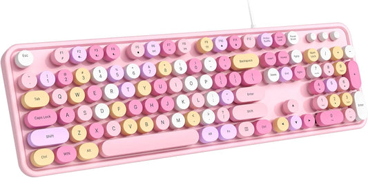 Wired Keyboard, 104 Keys Full-Sized Typewriter Keyboards, USB Plug and Play Office Keyboard with Number Pad, Caps Indicators, Foldable Stands for Windows, PC, Laptop (Pink Colorful)