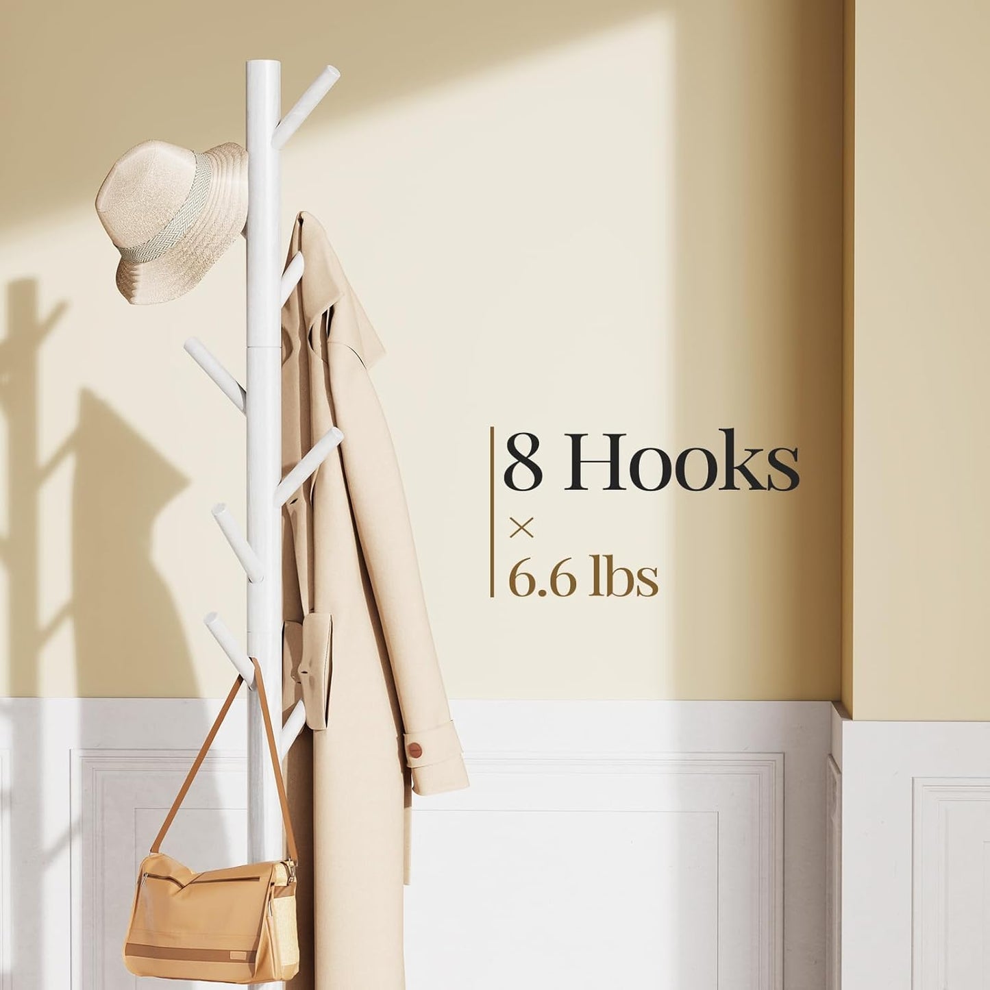 Pipishell Sturdy Wooden Coat Stand, 3 Adjustable Sizes Coat Tree with 8 Hooks, Coat Stands for Hallway Entryway, Hat Stand for Clothes, Used in Bedroom/Office/Hallway/Entryway, White