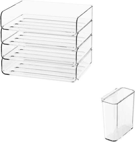 4-Tier Stackable Paper Tray Organizer for Desk with Detachable Hanging Pen Cup - Durable PET Desktop Paper Organizer, Space-Saving Desk Accessory