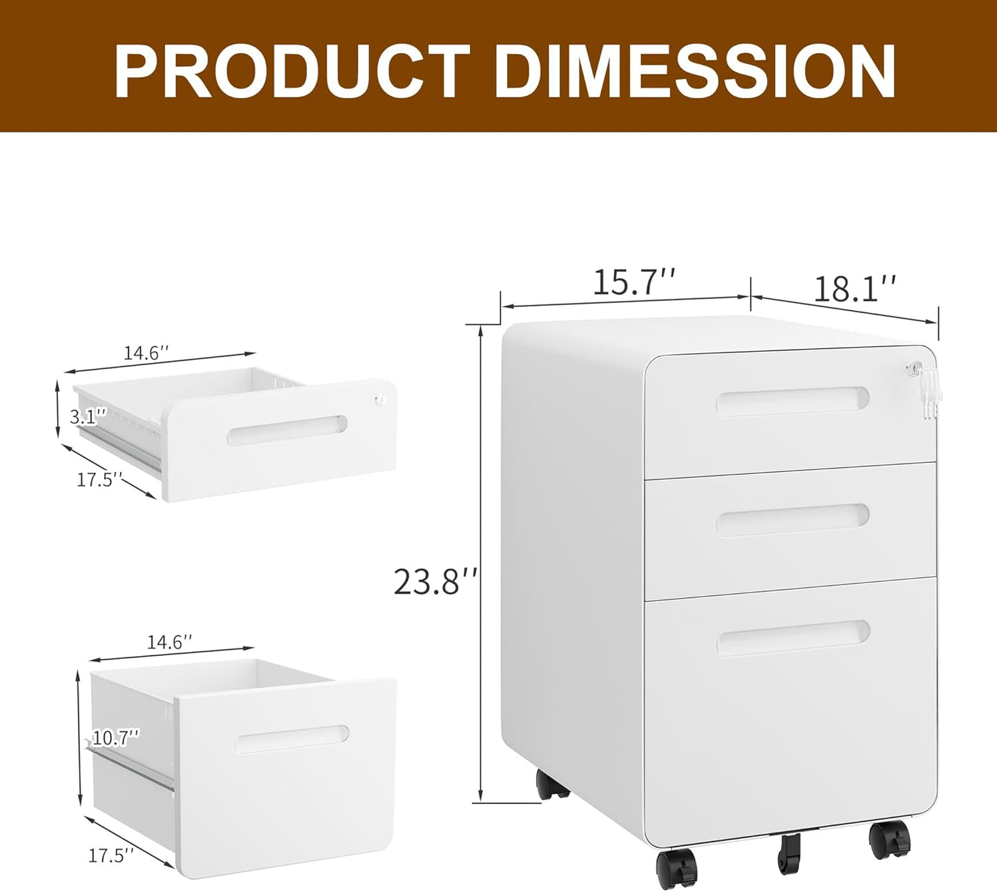 3 Drawer File Cabinet with Lock and 4 Keys, Mobile Metal Filing Cabinet, File Cabinets for Home Office, Under Desk, Pre-Assembly, File Drawer, Letter/Legal/A4 Hanging File Folders
