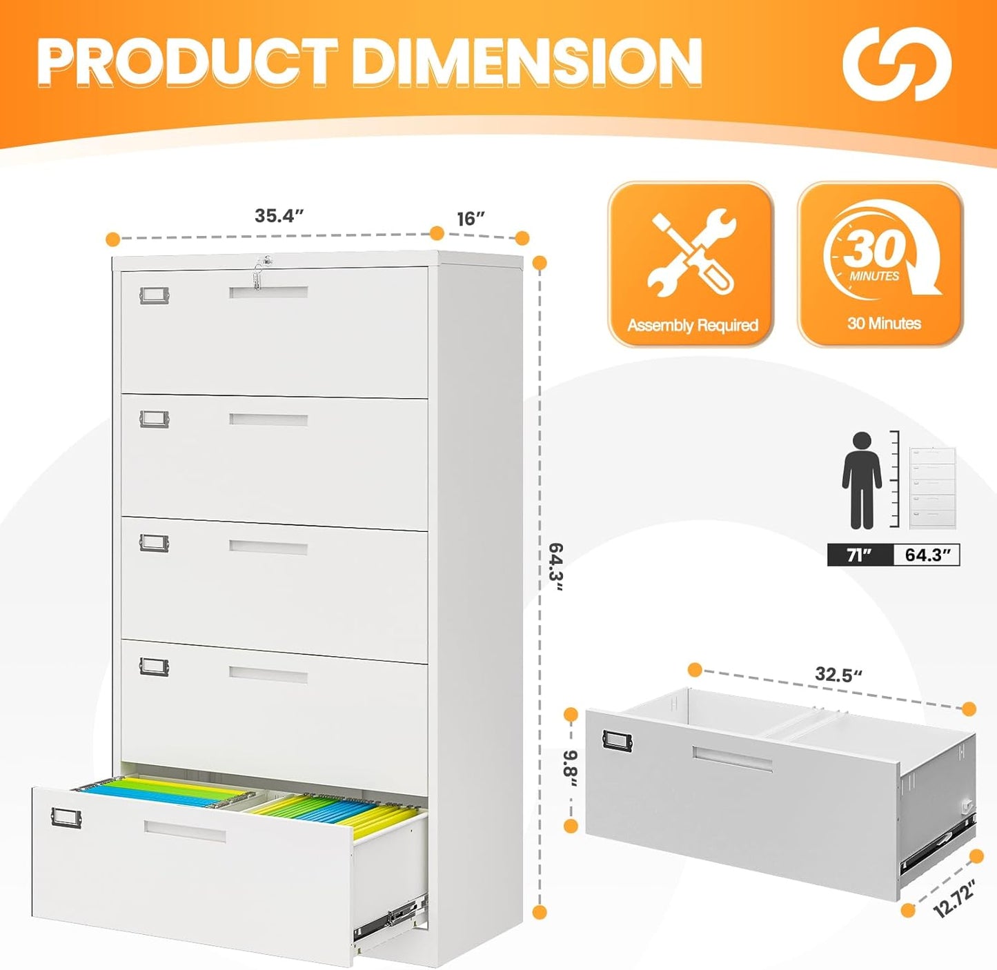 5 Drawer File Cabinets for Home Office, Metal Filing Cabinet with Lock, White Locking File Caninet Five Drawer, Office Storage Caninets Steel Cabnet for Letter/Legal/A4/F4-Assembly Required