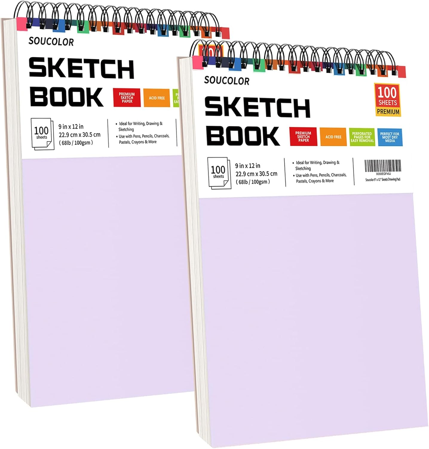 Soucolor 9" x 12" Sketch Book - 2 Packs, 100-Sheets Each (68lb/100gsm) Drawing Pad for Girls and Women - Christmas, Birthday, Thank You Gifts and Stocking Stuffers