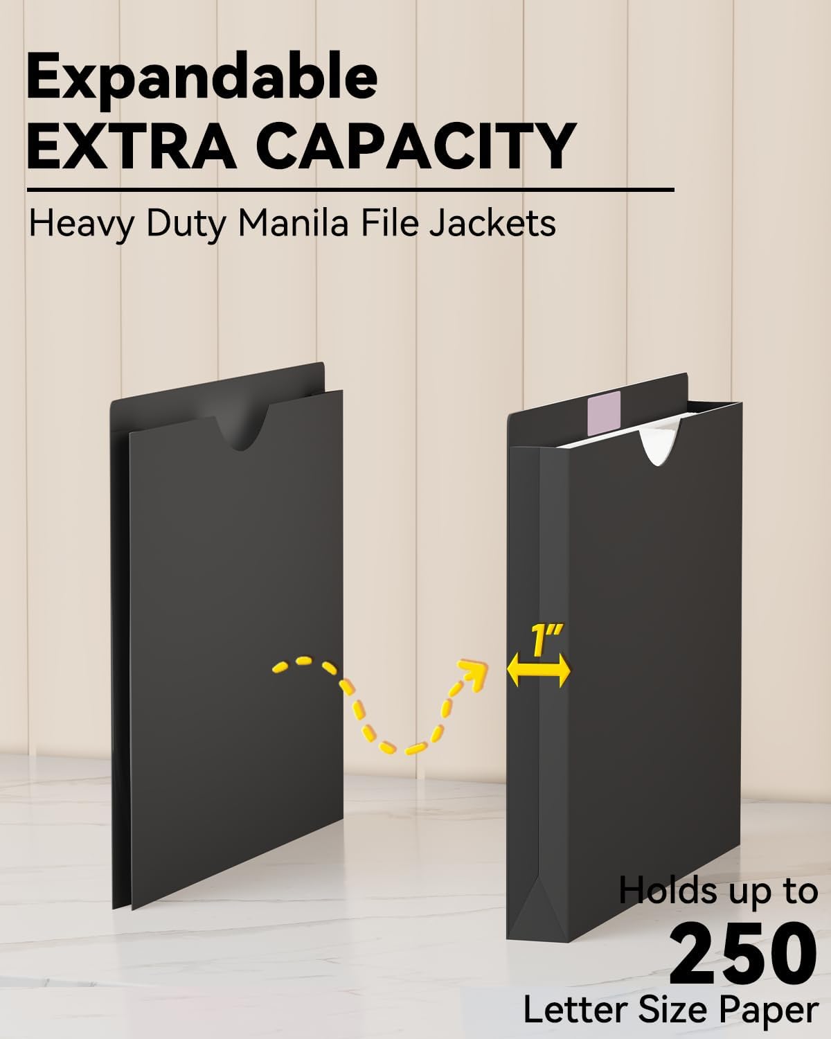 ANSOOK 1 Inch Plastic File Jackets, Manila File Folders Letter Size, Heavy Duty Expanding File Folders, Expansion Pocket, Reinforced Straight Cut Tab, 12 Pack, Black Folders for Office School Home