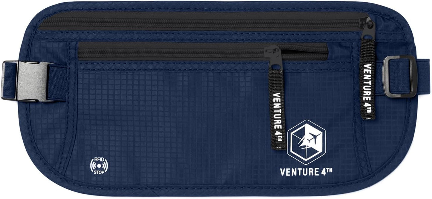 VENTURE 4TH Travel Money Belt - Slim Passport Holder RFID Blocking Travel Pouch to Protect Cash, Credit Cards and Travel Documents (Navy Blue)
