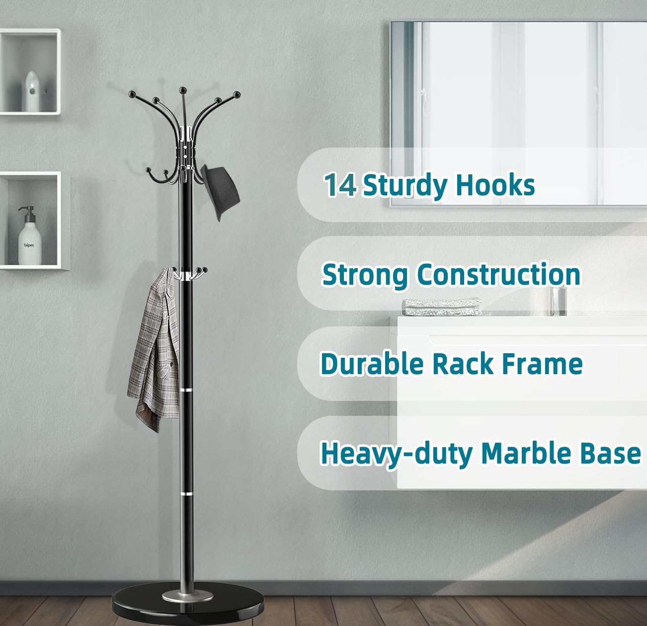 Coat Rack with Natural Marble Base, Metal Freestanding Coat Racks with 14 Hooks, 360°Rotary Coat Rack Stand for Hanging Scarf, Bag, Jacket, Black Coat Tree Hanger Holder Stand