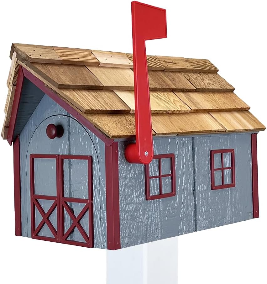 Peaceful Classics Amish Cedar Roof Wooden Mailbox with Window & Door Trim, Handcrafted Mailboxes for Outside, Post Mount Residential Mailboxes (Gray & Burgundy, Wood)