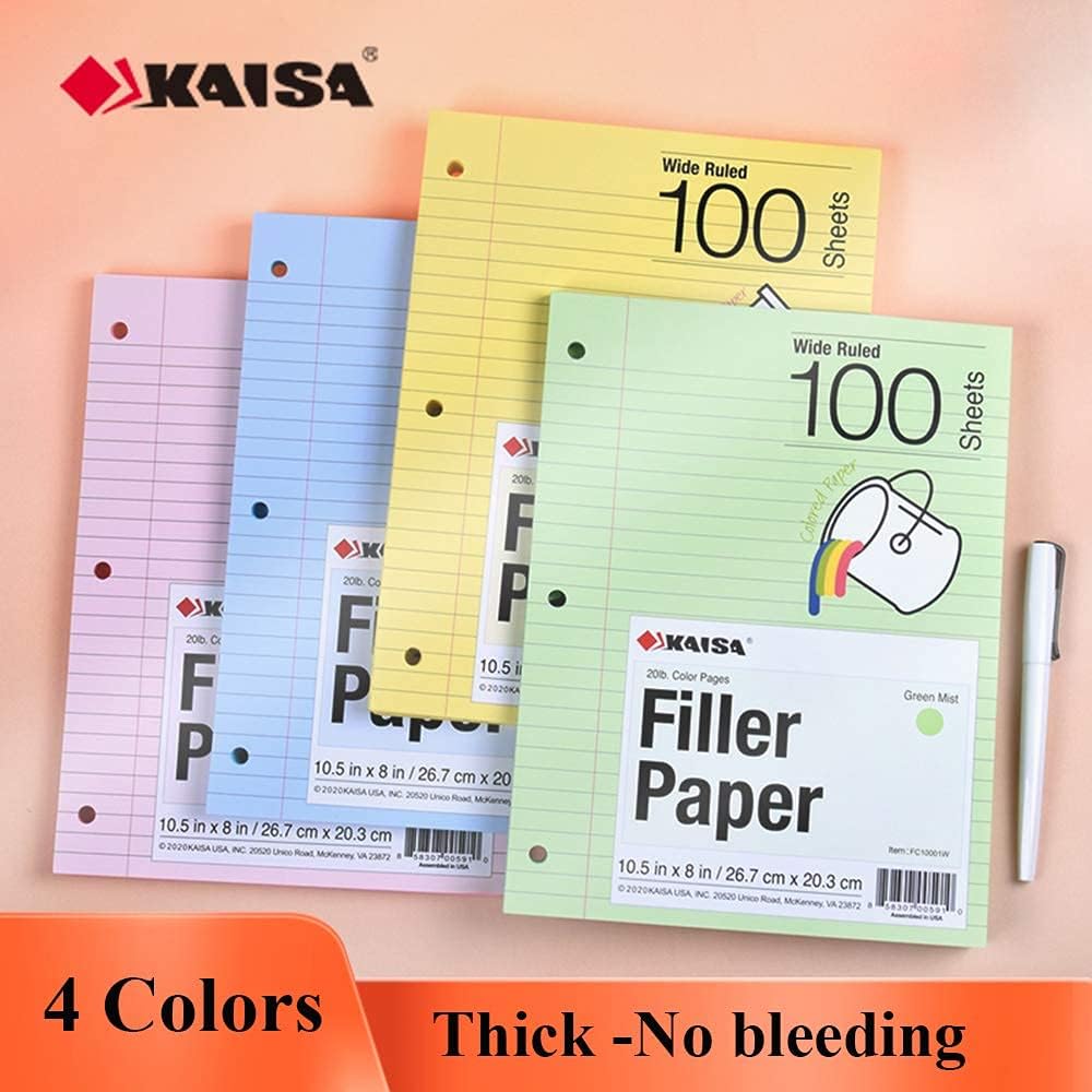 Kaisa Filler Paper Colored loose Leaf Paper, Wide Ruled 8x10.5in Colored Paper, 3-Hole Punched for 3-Ring Binders,100Sheets/pack 4Packs, FC10001W