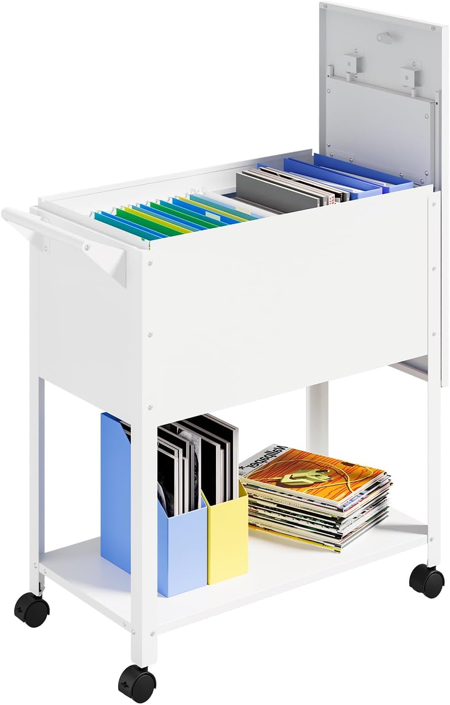 Mobile File Cart with Lock, Rolling File Cabinet Hanging Letter/Legal File Folders with Lockable Sliding Cover, White File Organizer on Wheels