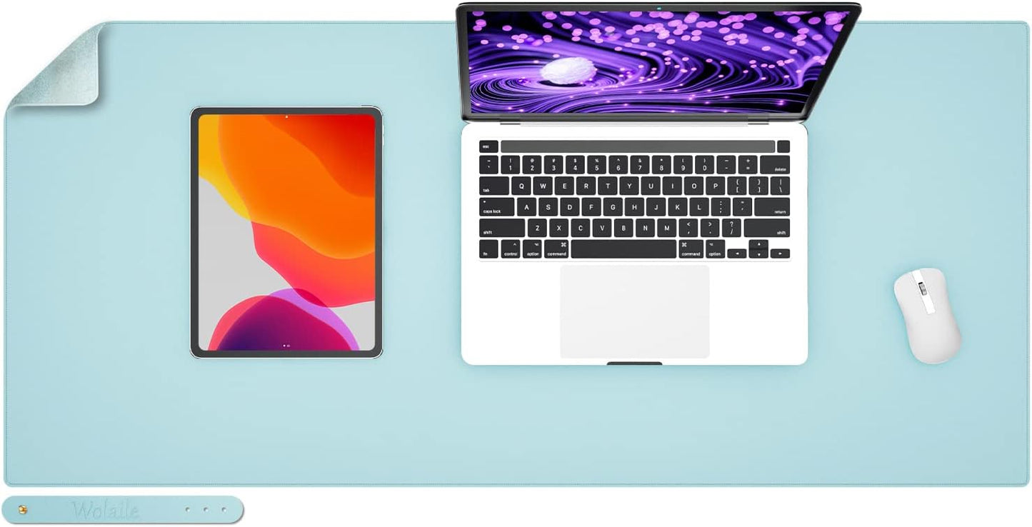 Faux Leather Desk Pad Blotter,Waterproof Non-Slip Writing Desk Mat for Kids,36x17 in Desktop Protector Large Mouse Pad,Light Blue Office Home Table Cover