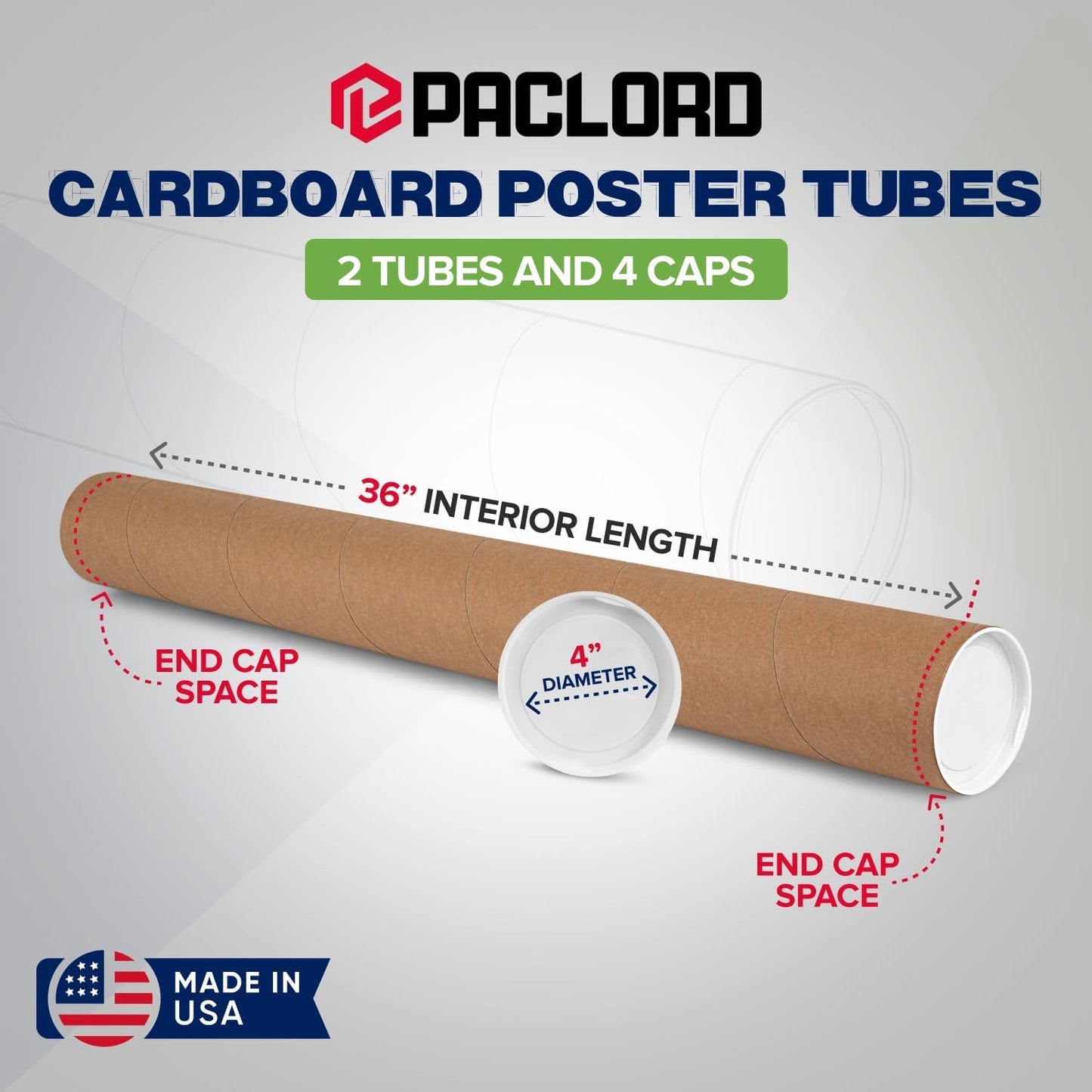 4" x 36" Reinforced Kraft Paper Mailing Tubes, Pack of 2 Tubes with 2 Caps Each – USPS Approved Poster Tube – Made in USA Cardboard Tube for Shipping and Storing Posters, Prints, Artwork, or Documents