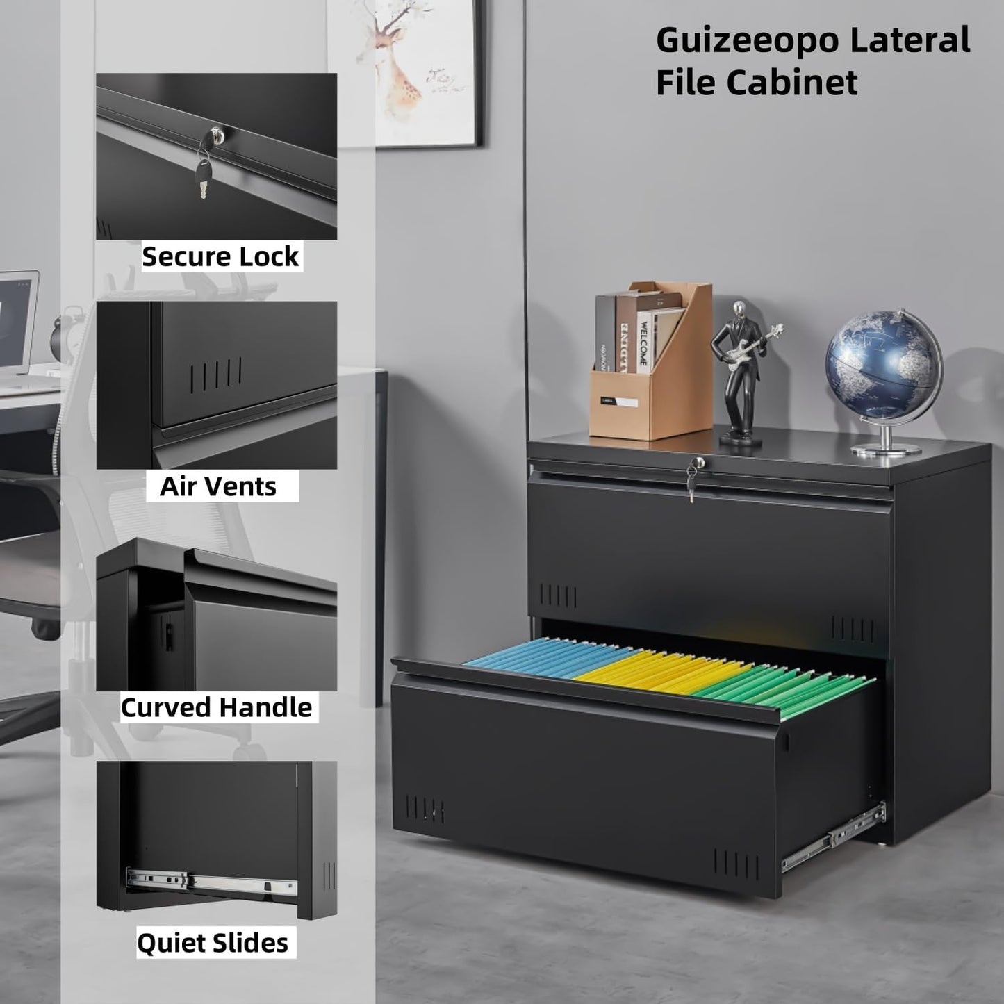 Metal File Cabinet with Lock, 2 Drawer Lateral File Cabinets for Home Office, Printer Stand, Heavy Duty Office Storage Cabinet for A4/Letter/Legal Size, Assembly Required(Black)