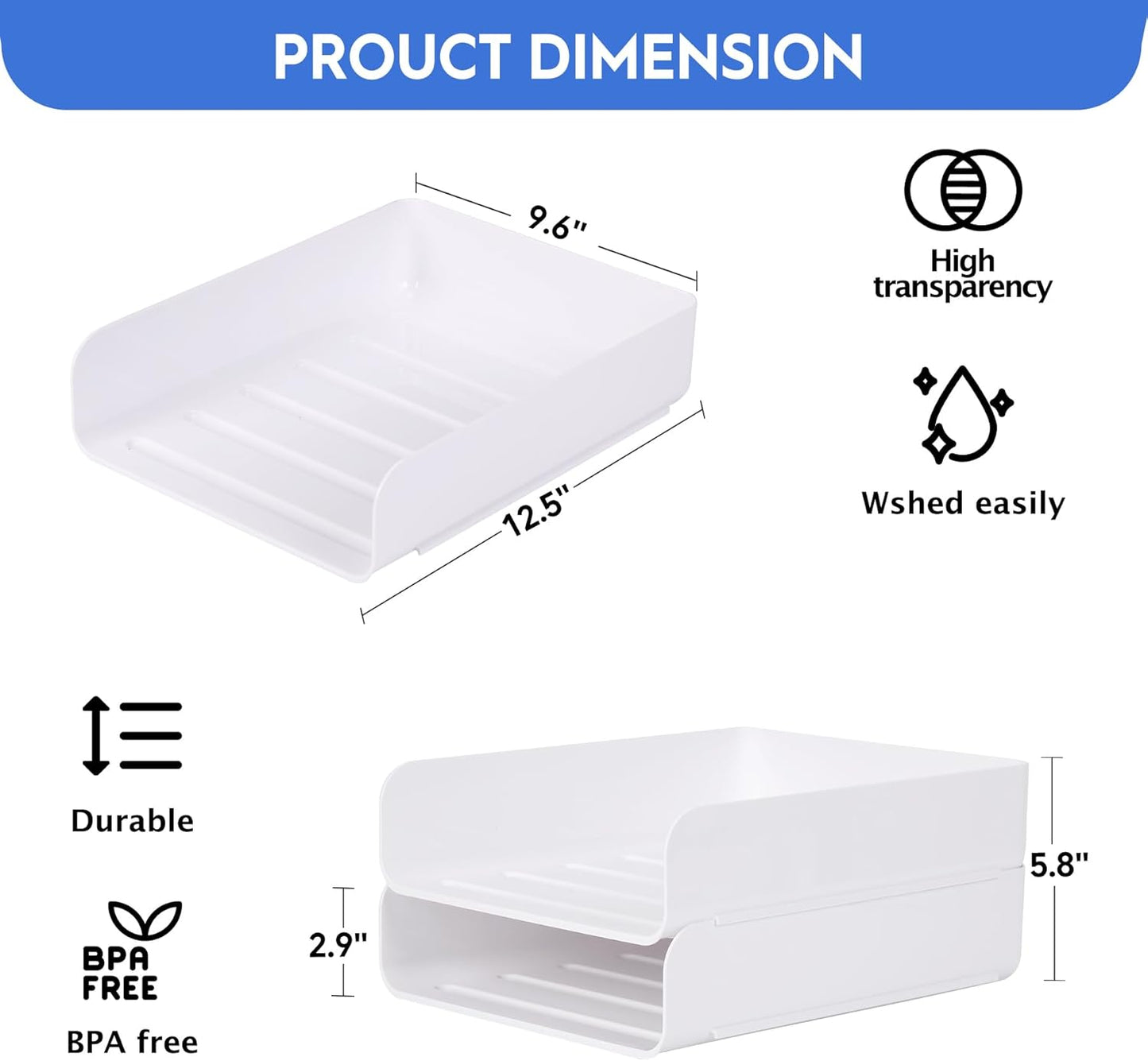 Letter Tray, Set of 2 Office Organization and Storage, PET Letter Tray Desk Organizer, Stackable Document Organizer for Notes, Pens, File Paper, Desk, White