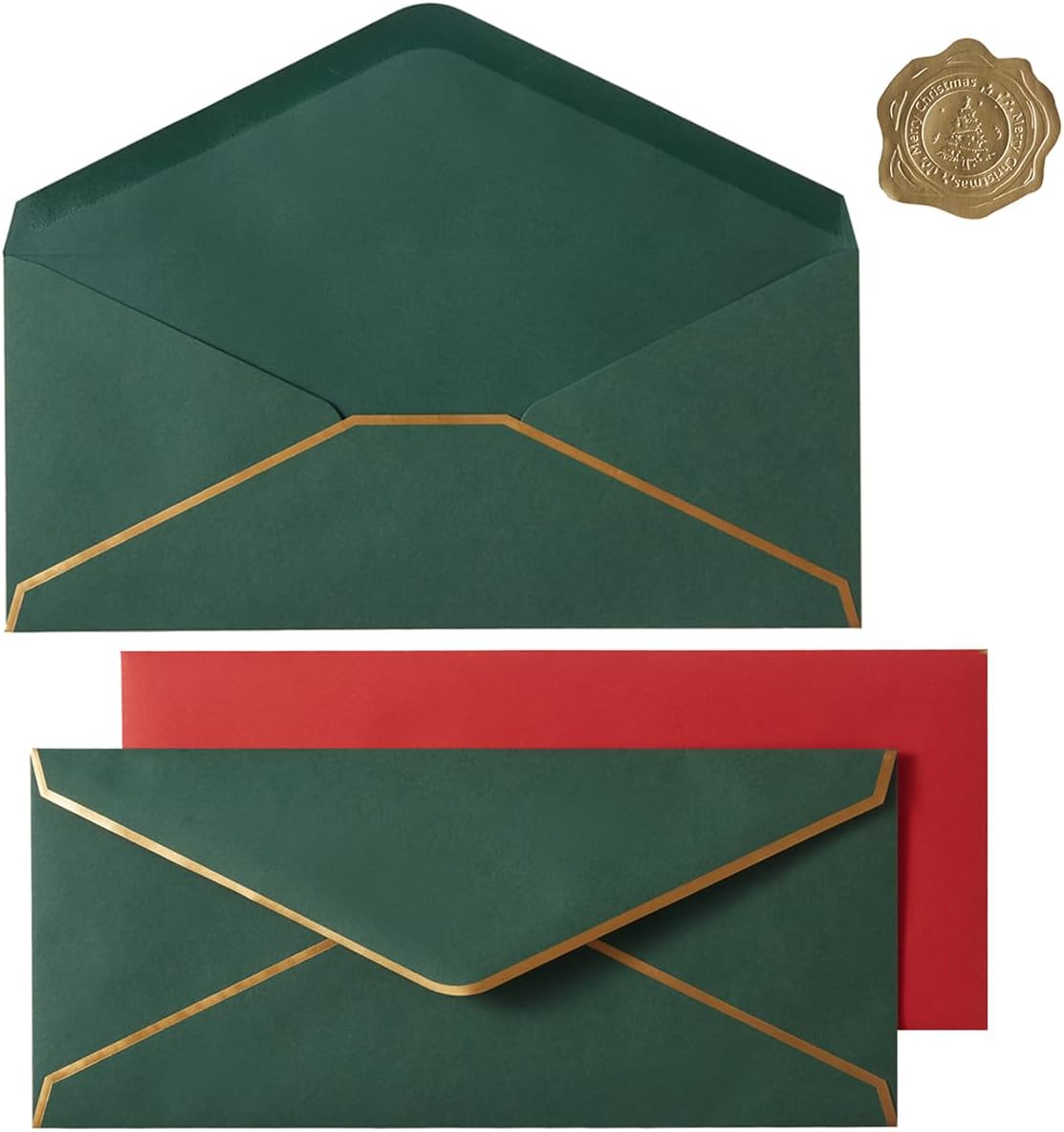 30 Pack Christmas Thick #10 Business Envelopes with Gold Border, 4 1/8 x 9 1/2 Thick Paper Standard Envelopes with Stickers for Office, Checks, Letter Mailing, Invoices (Christmas Green Red)