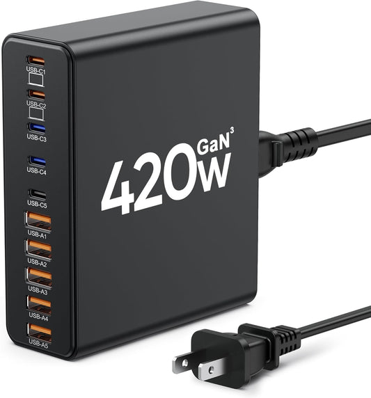 420W USB C Charger Block,10-Port Charging Station GaN Fast Charging Type C & USB A Wall Charger Adapter for MacBook Pro/Air,iPhone,iPad,Dell XPS,Samsung Galaxy(Black)