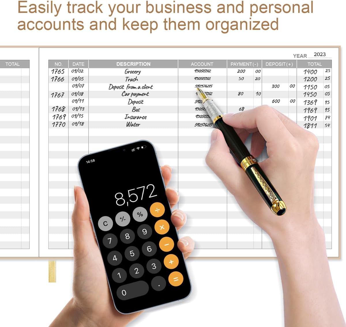 Accounting Ledger Book - Ledger Book for Small Businesses Bookkeeping & Personal Use, Expense Tracker Notebook for Tracking Money, Expenses, Deposits & Balance, 7" x 10", Beige