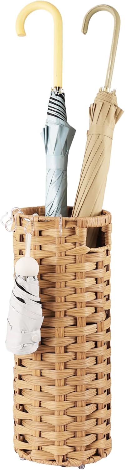 Rattan Umbrella Stand, Umbrella Holder for Entryway, Hand Woven Umbrella Rack Organizer Freestanding, with a Detachable Drip Tray, 4 Hooks, 7.5" L x 7.5" W x 16.5" H