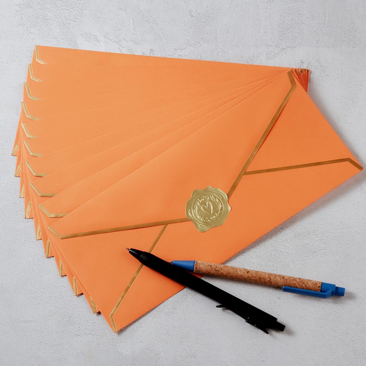 30 Pack Thick #10 Business Envelopes with Gold Border, 4 1/8 x 9 1/2 Thick Paper Standard Envelopes with Stickers for Office, Checks, Letter Mailing, Invoices (Dark Orange)