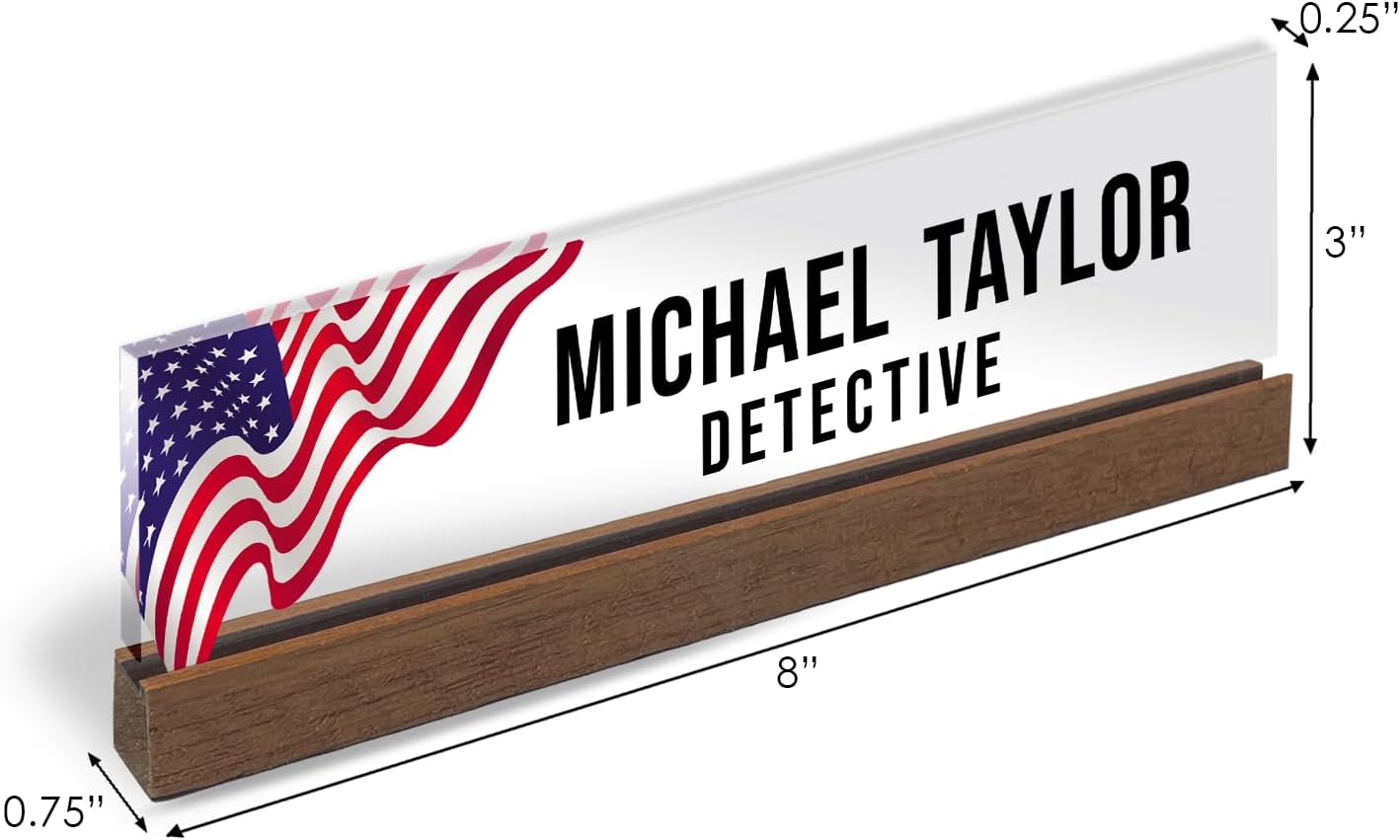 Artblox Personalized Office Desk Name Plate With Business Card Holder | Clear Acrylic Glass with Teak Wood Stand | Us Flag Design Customized with Your Name and Credentials Office Desk Décor