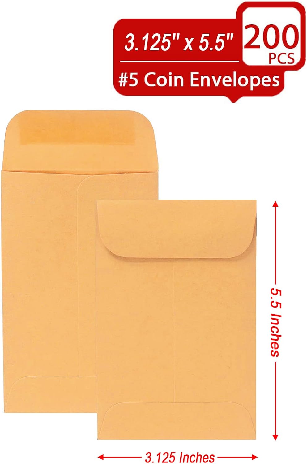 200PCS #5 Coin Envelopes 3.125x5.5 inches Brown Kraft Envelopes Classic Small Parts Gummed Flap for Coins, Cash, Credit Cards, Seeds