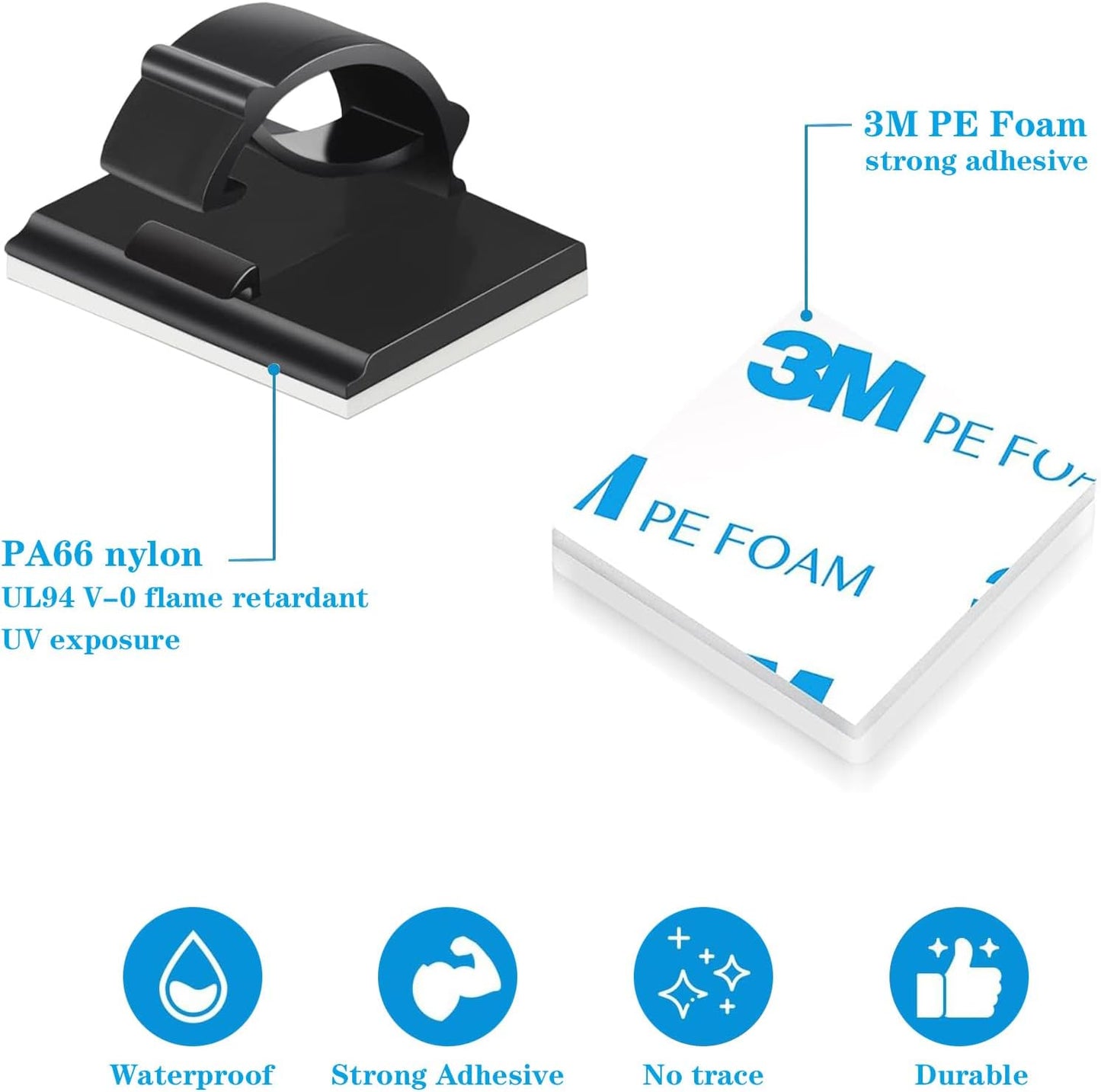 Adhesive Cable Holder Management Wire Clips 50 Pcs Black，Suitable for Cables with a Diameter of ≤ 6mm in Cars, Houses, and Offices