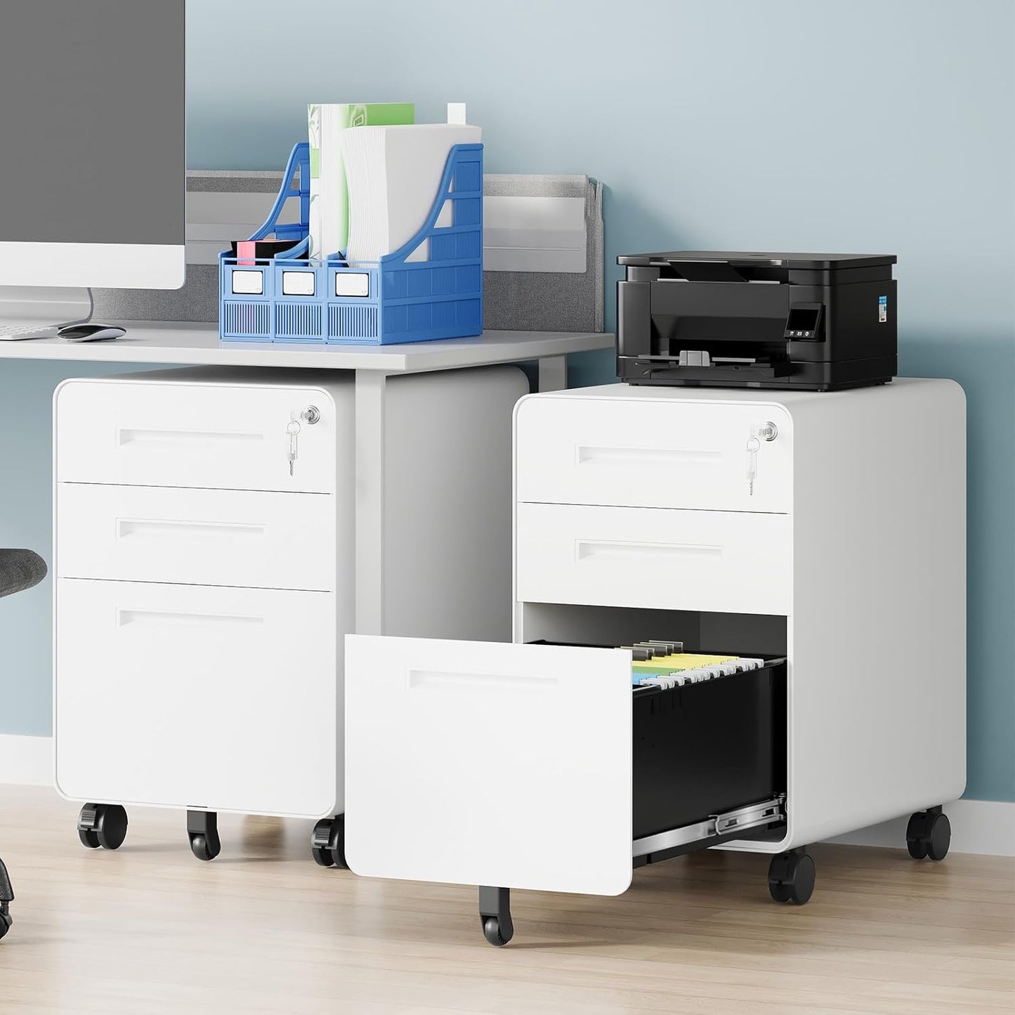 3 Drawer File Cabinet, Fully Assembled Mobile File Cabinets with Lock for Home Office, Metal Rolling Filing Caninet on Wheels, Three Drawer Under Desk Cabnet for Letter/Legal / A4 - White