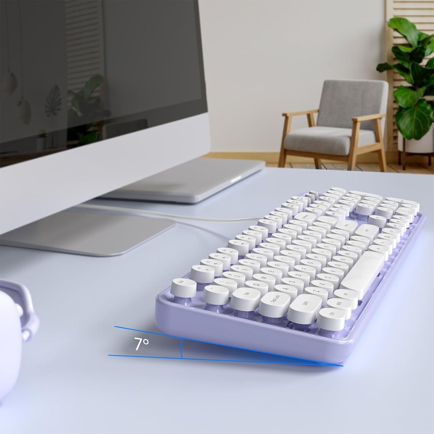 Wired Keyboard, Full-Sized Typewriter Keyboards, USB Plug and Play Office Keyboard with Number Pad, Caps Indicators, Foldable Stands for Windows, PC, Laptop, Desktop (Purple-White)