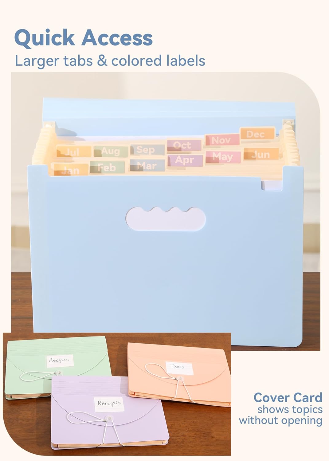 Accordion File Organizer 12 Pockets, Monthly Bill Receipt Tax Organizer, Expanding File Folders with Larger Bright Tabs, Fits Letter/A4 Size - Blue