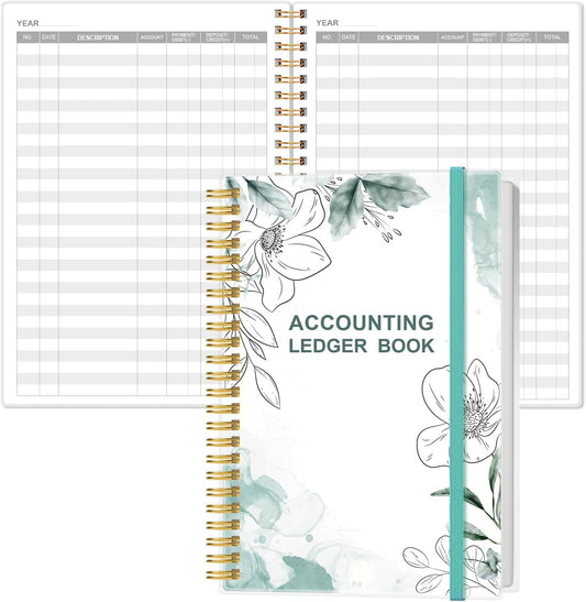 Accounting Ledger Book - A5 Ledger Book for Bookkeeping, Small Businesses & Personal Use, Expense Tracker Notebook for Tracking Money, Expenses, Deposits & Balance, 5.8" x 8.4", Blue Flowers