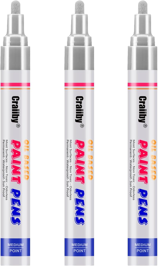 Silver Paint Markers, 3 Pack Oil-Based Waterproof Quick Dry Permanent Paint Pen Set for Rocks Painting, Wood, Fabric, Plastic, Canvas, Glass, Mugs, Metal, Tire, Stone, DIY Craft