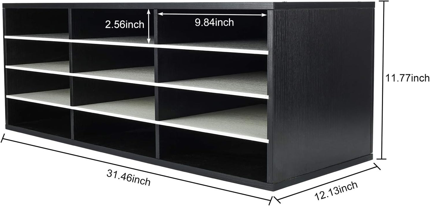 PAG Mail Sorter, Wood Countertop Literature Organizer, Student Mailbox for Classroom, Desktop Bill Paper Organizer for Office Home School, 12 Compartments, Black & White