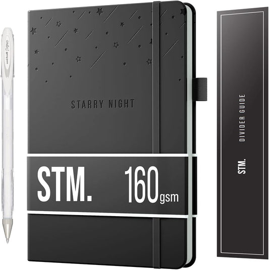Black Paper Bullet Dotted Journal Notebook | A5 Starry Night by Scribbles That Matter | Free white gel pen | 160gsm Blackout no-bleed dot grid paper | For Men and Women | 5.75 x 8.5 in | Black