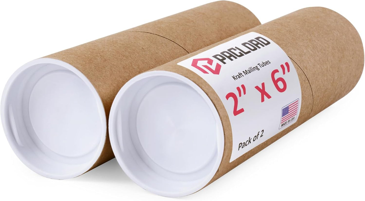 2" x 6" Reinforced Kraft Paper Mailing Tubes, Pack of 2 Tubes with 2 Caps Each – USPS Approved Poster Tube – Made in USA Cardboard Tube for Shipping and Storing Posters, Prints, Artwork, or Documents