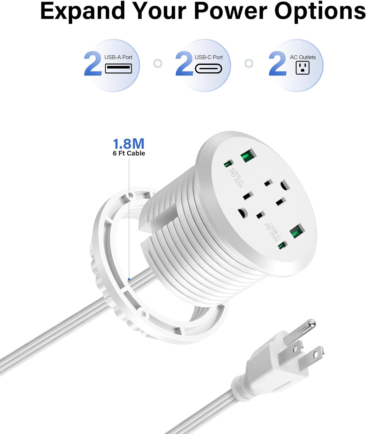 3 inch Desktop Power Grommet USB C,40W Fast Charging Station,Furniture Recessed Power Strip,2 Outlets,4 USB Ports,Flush-Mount for Desktop, Workspace Essential Desk Outlet,2 Pack