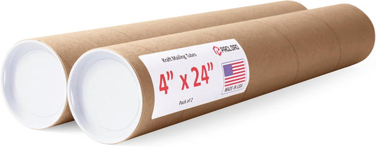 4" x 24" Reinforced Kraft Paper Mailing Tubes, Pack of 2 Tubes with 2 Caps Each – USPS Approved Poster Tube – Made in USA Cardboard Tube for Shipping and Storing Posters, Prints, Artwork, or Documents