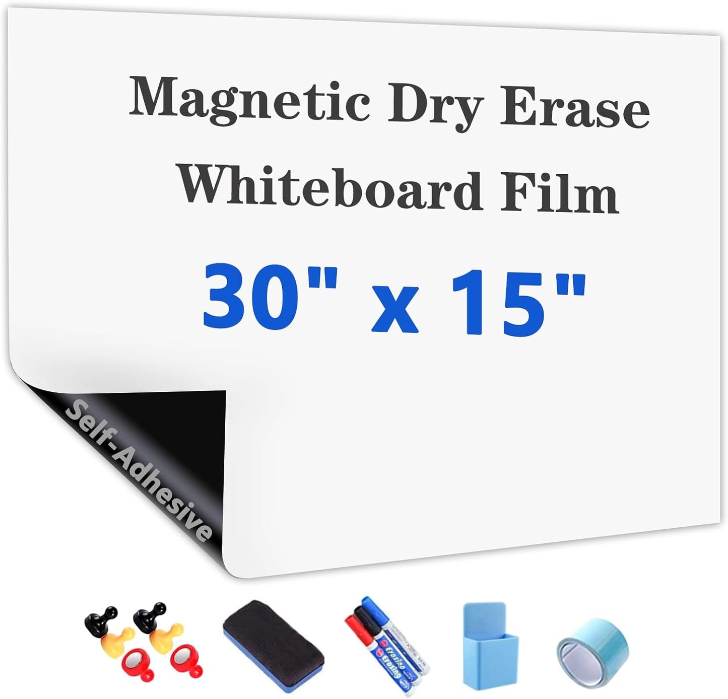 Magnetic Dry Erase Whiteboard Paper with Adhesive, 30" x 15" White Board Film for Wall, Easy to Write and Clean Dry Erase Board for Office, Classroom, Home, Include Marker, Magnetic Eraser and Magnets