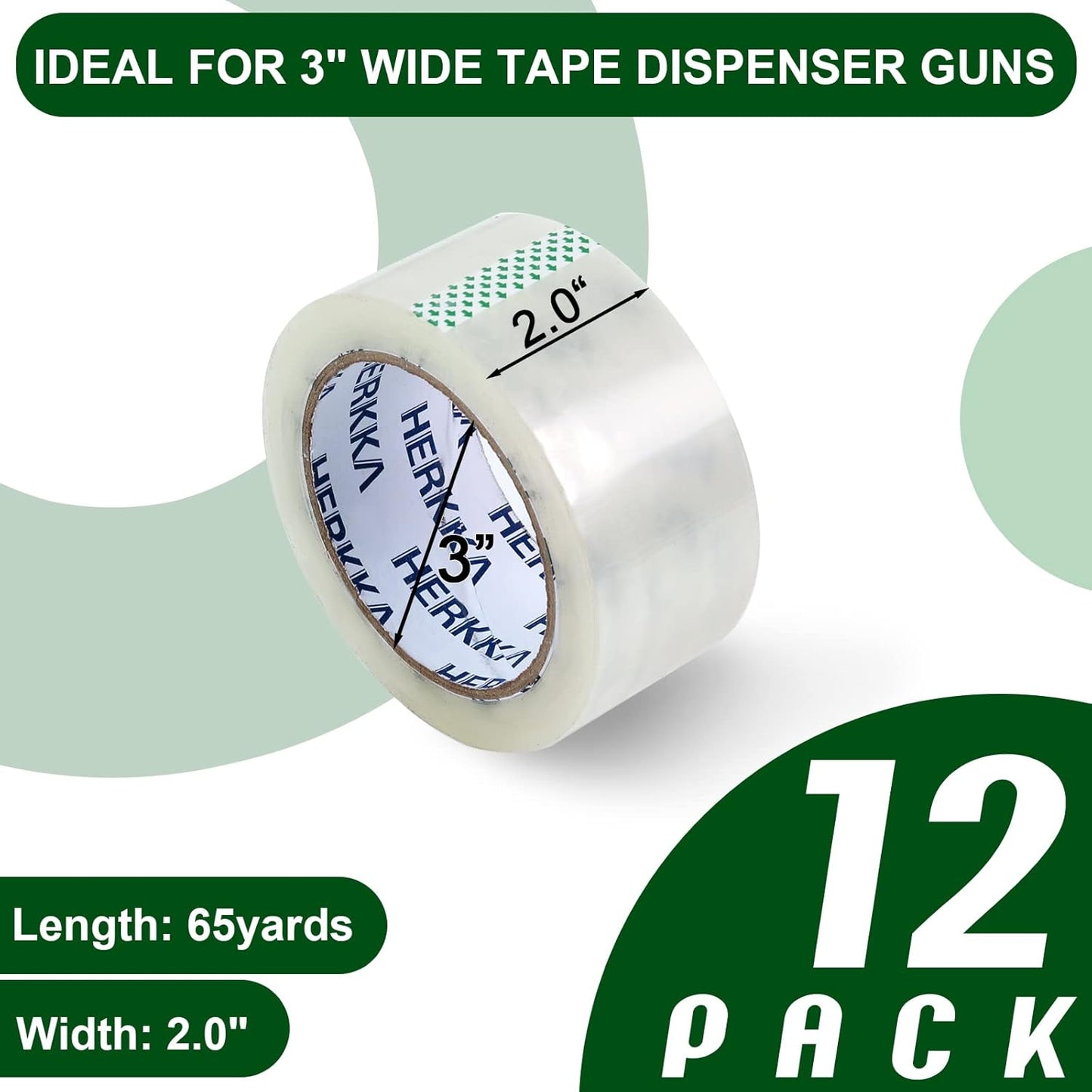 HERKKA Clear Packing Tape, 12 Rolls Heavy Duty Packaging Tape for Shipping Packaging Moving Sealing, Thicker Clear Packing Tape, 2 inches Wide, 65 Yards Per Roll, 780 Total Yards