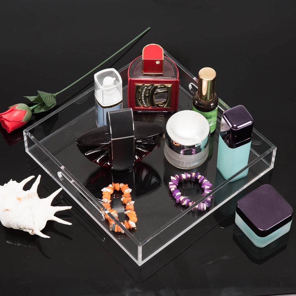 Clear Sturdy Acrylic Serving Tray with Handles - 10x10Inch - Coffee, Appetizer, Breakfast, Butler Tray - Kitchen Countertop & Vanity Table Organizer