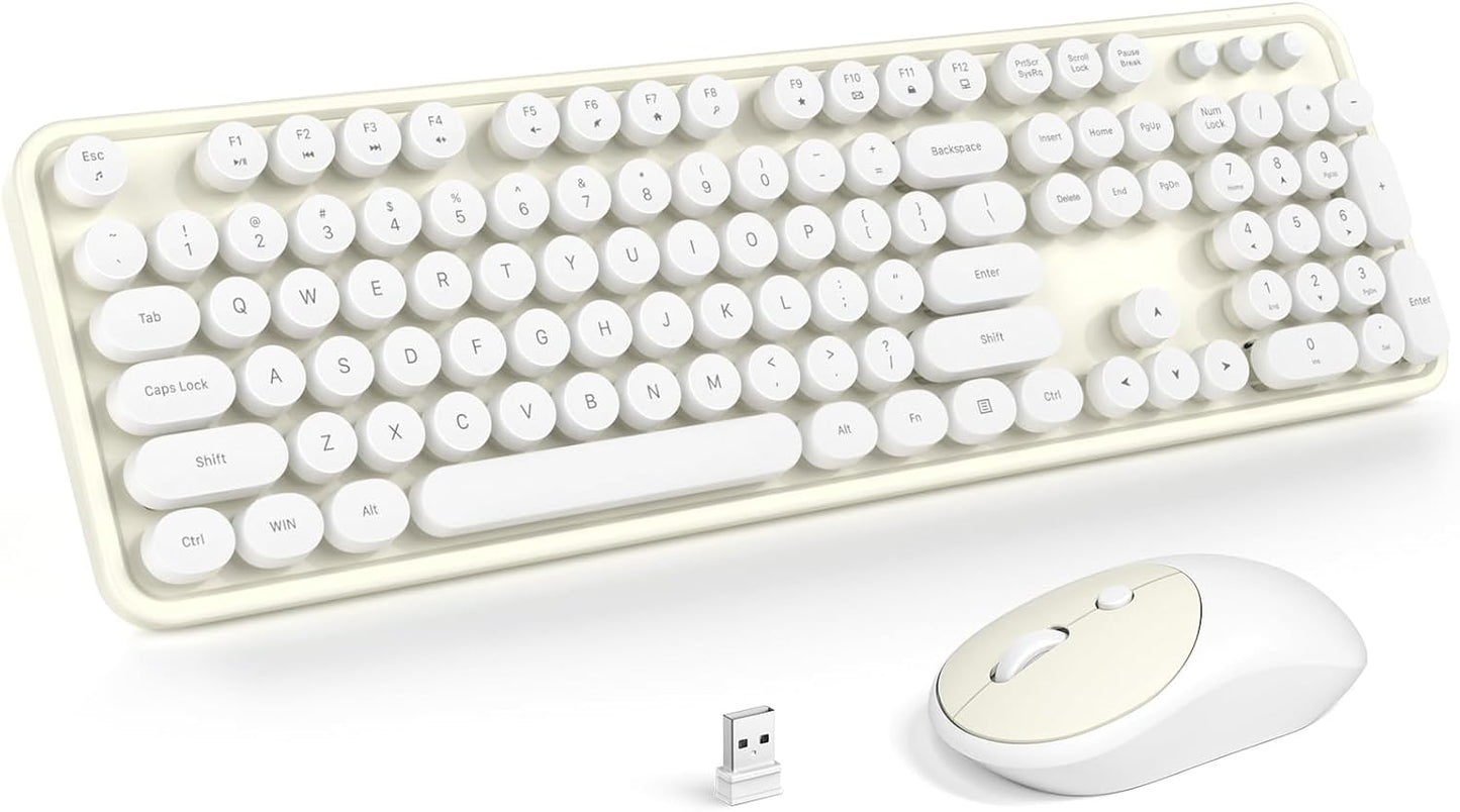 MOFII Wireless Keyboard and Mouse Combo, Computer Full Size 2.4G Plug and Play Wireless Typewriter Retro Round Keyboard and Mouse Set for Windows, Computer, Desktop, PC, Notebook - (Off White)