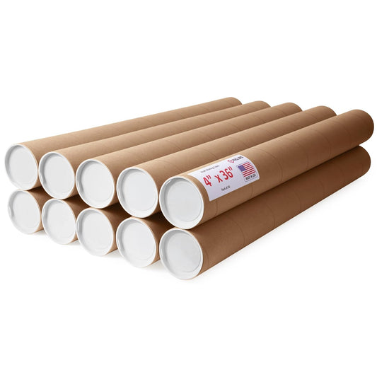 4" x 36" Reinforced Kraft Paper Mailing Tubes, Pack of 10 Tubes with 2 Caps Each – USPS Approved Poster Tube – Made in USA Cardboard Tube for Shipping and Storing Posters, Prints, Artwork, Documents