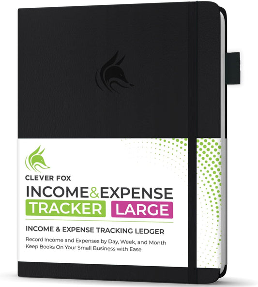 Clever Fox Income & Expense Tracker Large – Accounting & Bookkeeping Ledger Book for Small Business – 2-Year Record Notebook, A4 (Black)