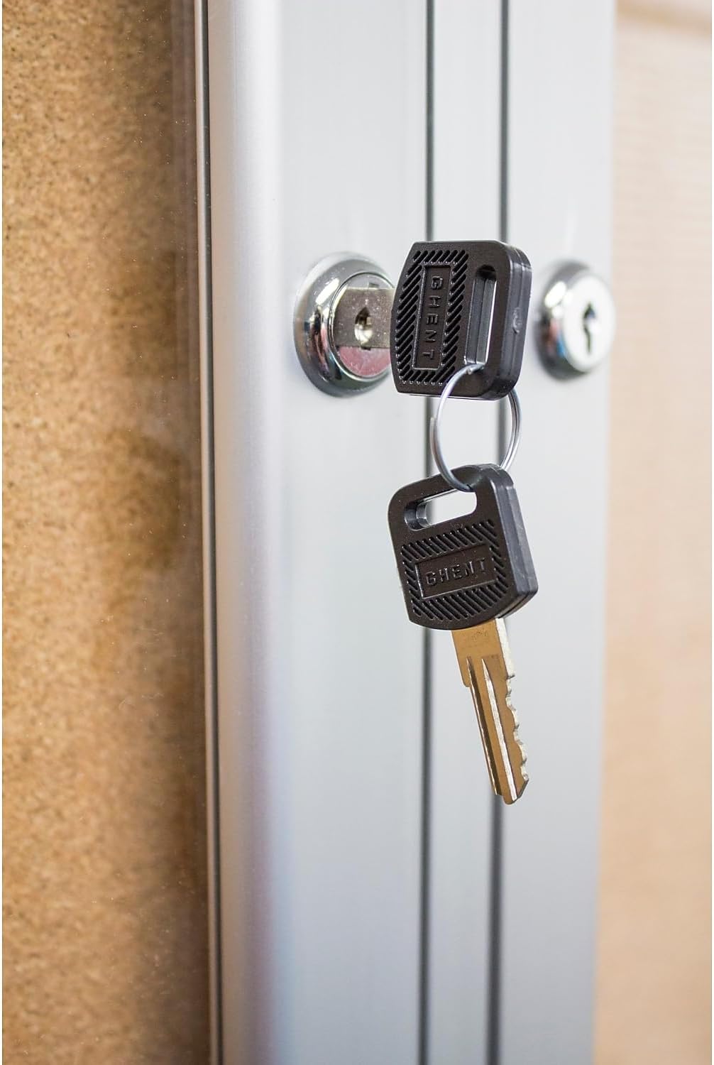 Ghent 48" x 60" 2-Door indoor Enclosed Bulletin Board , Shatter Resistant, with Lock, Satin Aluminum Frame - Natural Cork (PA245K) Made in the USA