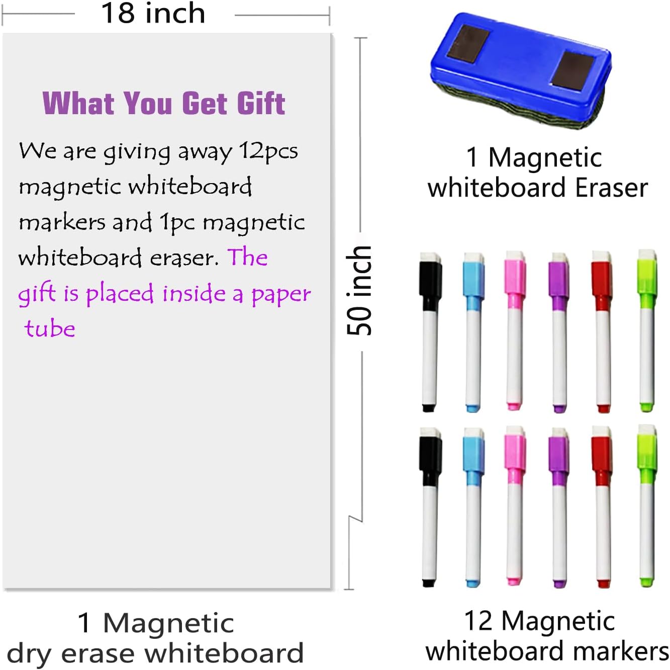 Magnetic Dry Erase Whiteboard Paper for Wall 50" x 18" Self Adhesive White Board Sticker with 12 Magnet Marker and Magnetic Eraser for Kids Office Home Whiteboard Wallpaper Peel and Stick