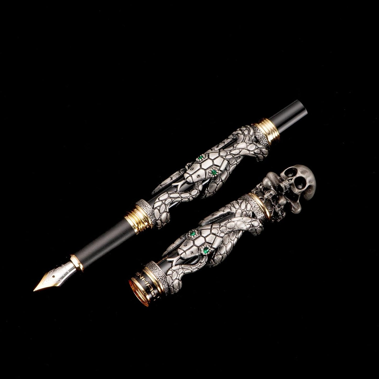 Jinhao Black Snake Fountain Pen Medium Nib Retro Style with Skull Head Solid Metal and Paper Pen Case Set